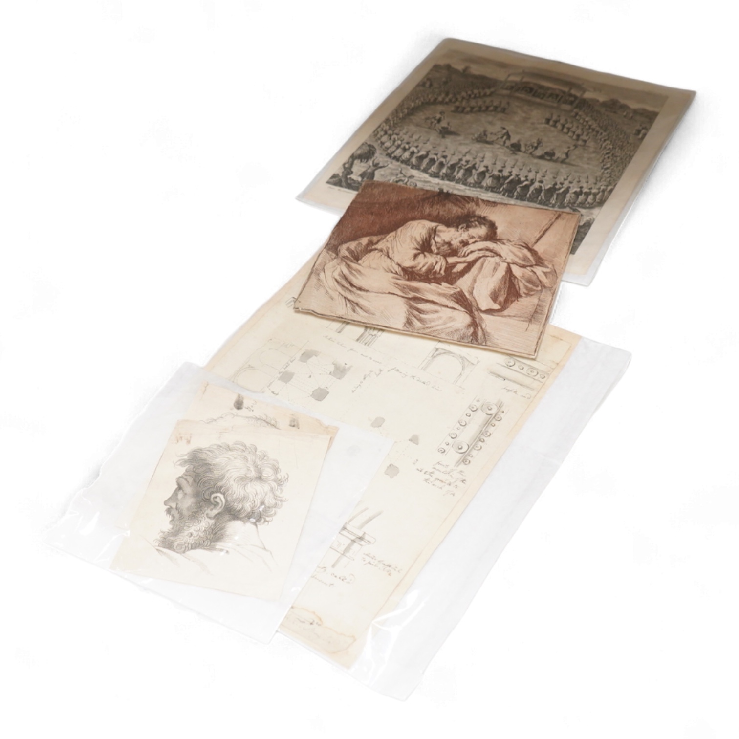 18th century, Italian Old Master, Study of a bearded gentleman, ink sepia study on buff paper, together with four engravings to include Public Execution Scene in Tonkin and an architectural example, unframed